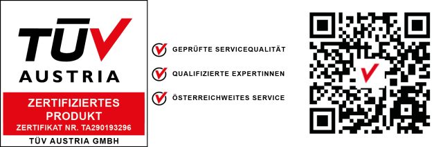 TÜV Austria - Zertifiziertes Produkt Zertifikat Nr. TA290193296 - TÜV Austria GmbH - Geprüfte Servicequalität - Qualifizierte ExpertInnen - Österreichweites Service - Darstellung eines QR Codes